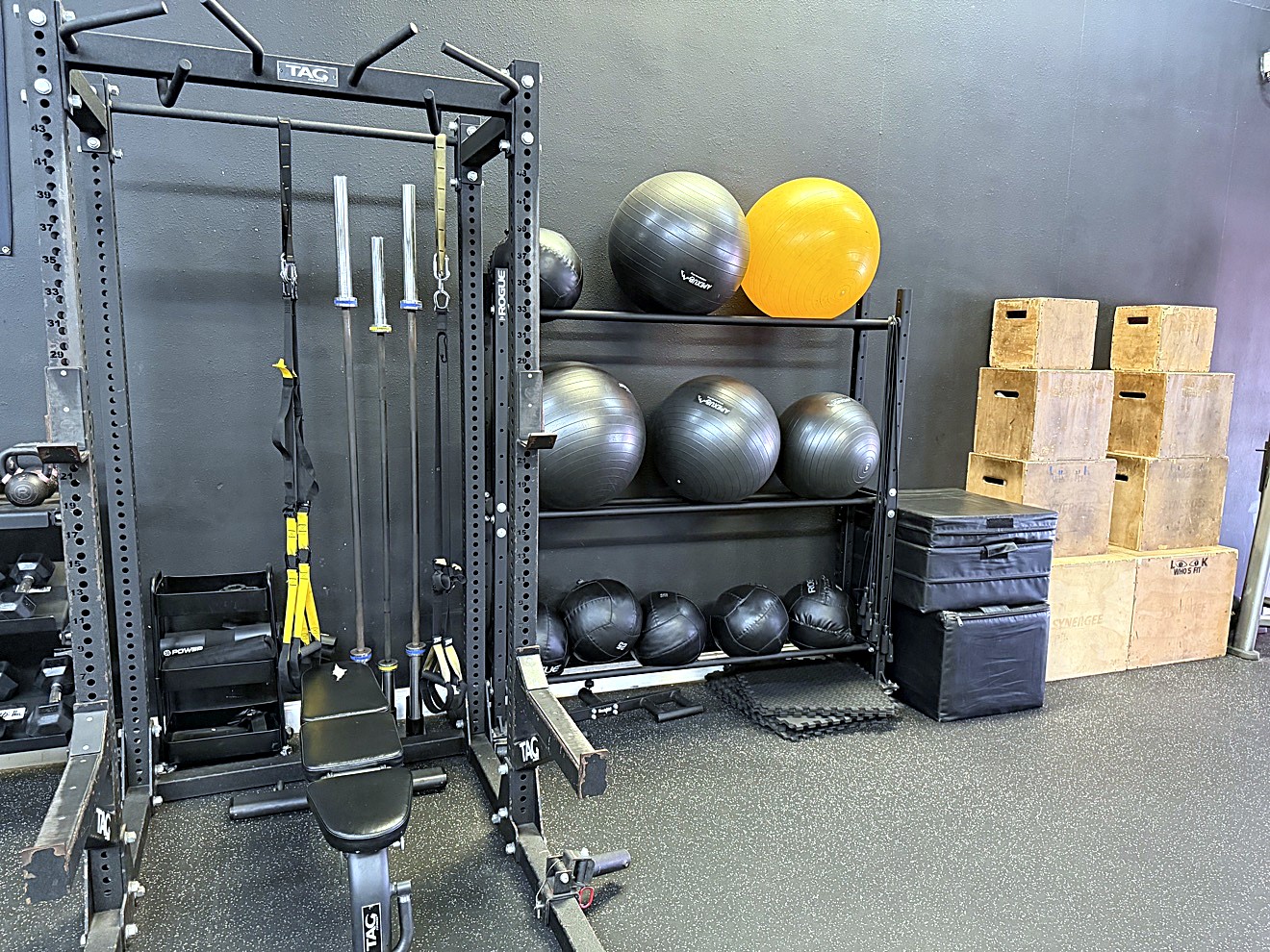 Training rack, exercise balls and plyo boxes